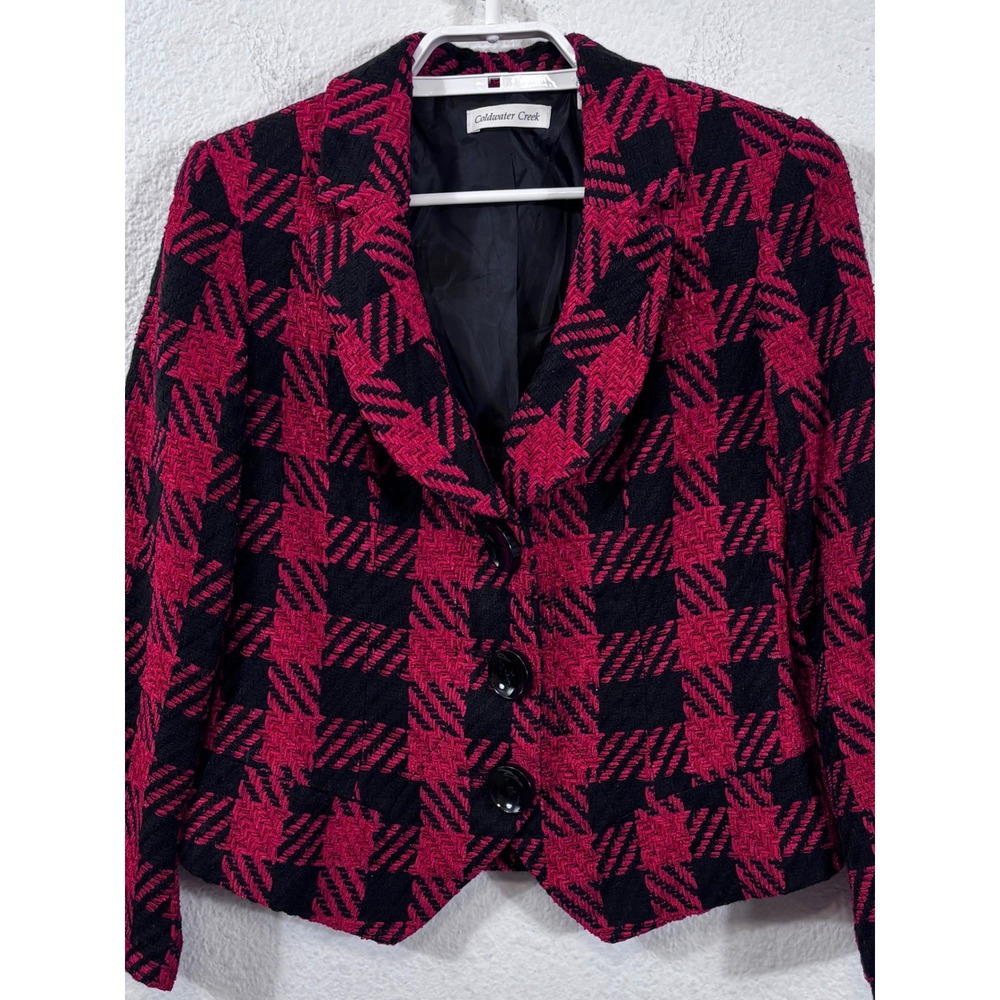 Coldwater Creek Blazer Women‎ P6 Red Black Plaid Textured Tweed 3-Button Jacket